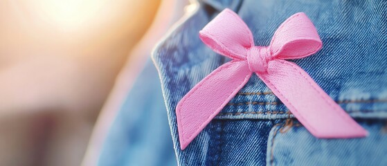 A close-up of a pink ribbon tied on denim, symbolizing awareness and support for various causes.