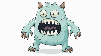 Fototapeta premium Light blue cartoon monster with big eyes, sharp teeth, and claws, growling fiercely. Halloween-themed illustration.