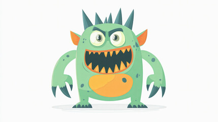 Green cartoon monster with sharp teeth, spikes on its head, and orange details, growling fiercely. Halloween-themed illustration.
