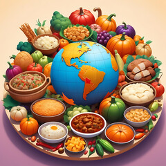 Thanksgiving Around the World: A globe surrounded by various traditional Thanksgiving foods from different cultures, showing the global influence and unity of the holiday.