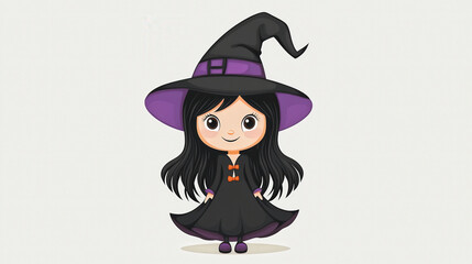 Cute girl in a black witch costume with purple accents and a hat, smiling sweetly. Halloween-themed cartoon illustration.