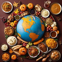 Thanksgiving Around the World: A globe surrounded by various traditional Thanksgiving foods from different cultures, showing the global influence and unity of the holiday.