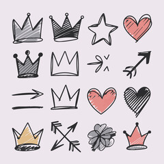 Doodle-style crown, hearts, and arrows illustration..