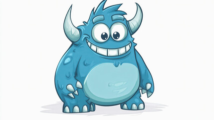 Smiling blue cartoon monster with large horns and a toothy grin. Friendly and playful design. Halloween-themed illustration.