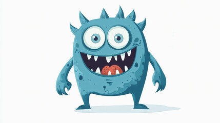 Blue cartoon monster with big eyes, spikes, sharp teeth, and a wide grin. Playful and fun Halloween-themed illustration.