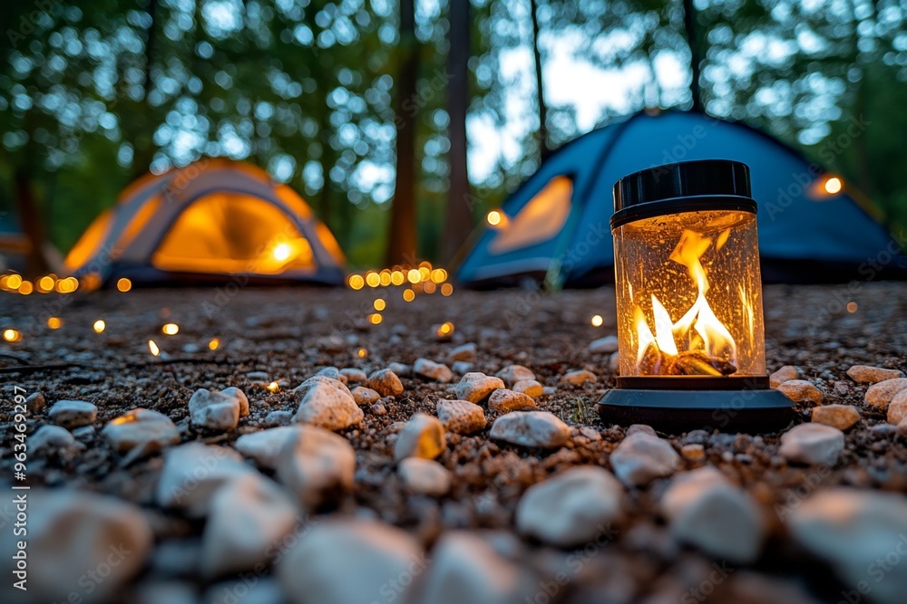 Wall mural fireflies filling the campsite with their soft glow as they blink in and out, creating a magical atm