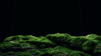 Green moss texture on stones against a solid black background