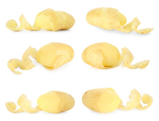 Many whole potatoes with peels isolated on white, set