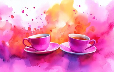 Fototapeta premium Whimsical pink cups of tea sit gracefully on saucers, surrounded by a vibrant watercolor splash of colors, evoking warmth and joy.