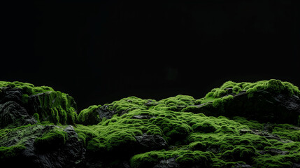 Lush green moss on rocks isolated on black background