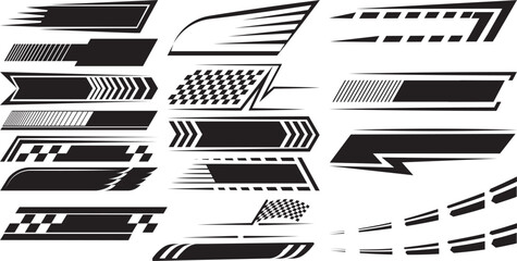 Vector Racing Stripes and Decals Collection with Bold Geometric Patterns, Checkered Elements, and Speed Lines for Car Graphics, Vehicle Customization, and Motorsport-Themed Designs
