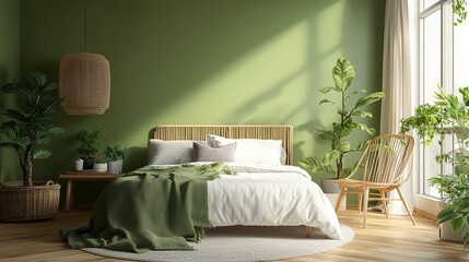 Bed room interior ,mid-century modern style A stylish and cozy relaxing room under the roof ,soft green wall ,3d render.generative ai