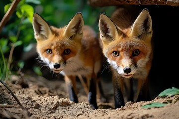 Obraz premium Foxes yipping and playing at the edge of the camp as they chase one another through the shadows, their movements swift and playful