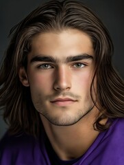 Fototapeta premium A man with long hair and a purple shirt