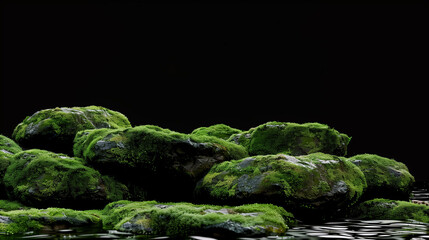 Moss-covered rocks isolated on solid black backdrop