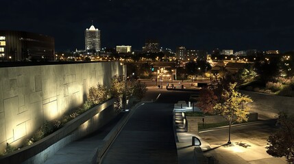 Fototapeta premium Nighttime View of a Well-Lit Urban Park with City Skyline