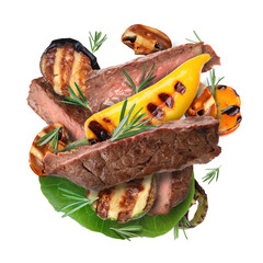 Grilled meat, vegetables and mushrooms in air on white background