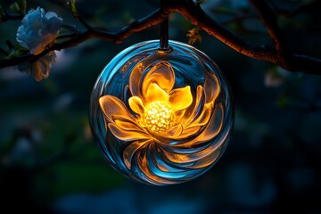 Glass sphere, cracked open like an egg, light spilling out in soft, glowing tendrils that curl and twist in the air
