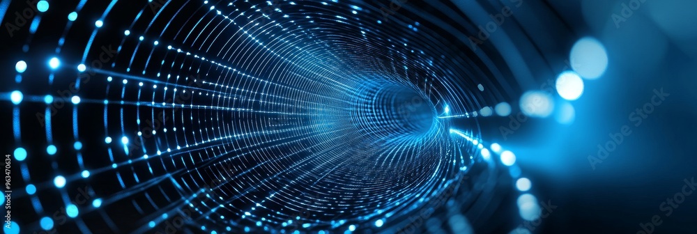 Poster a captivating abstract tunnel composed of glowing blue lines and data points, symbolizing the flow o