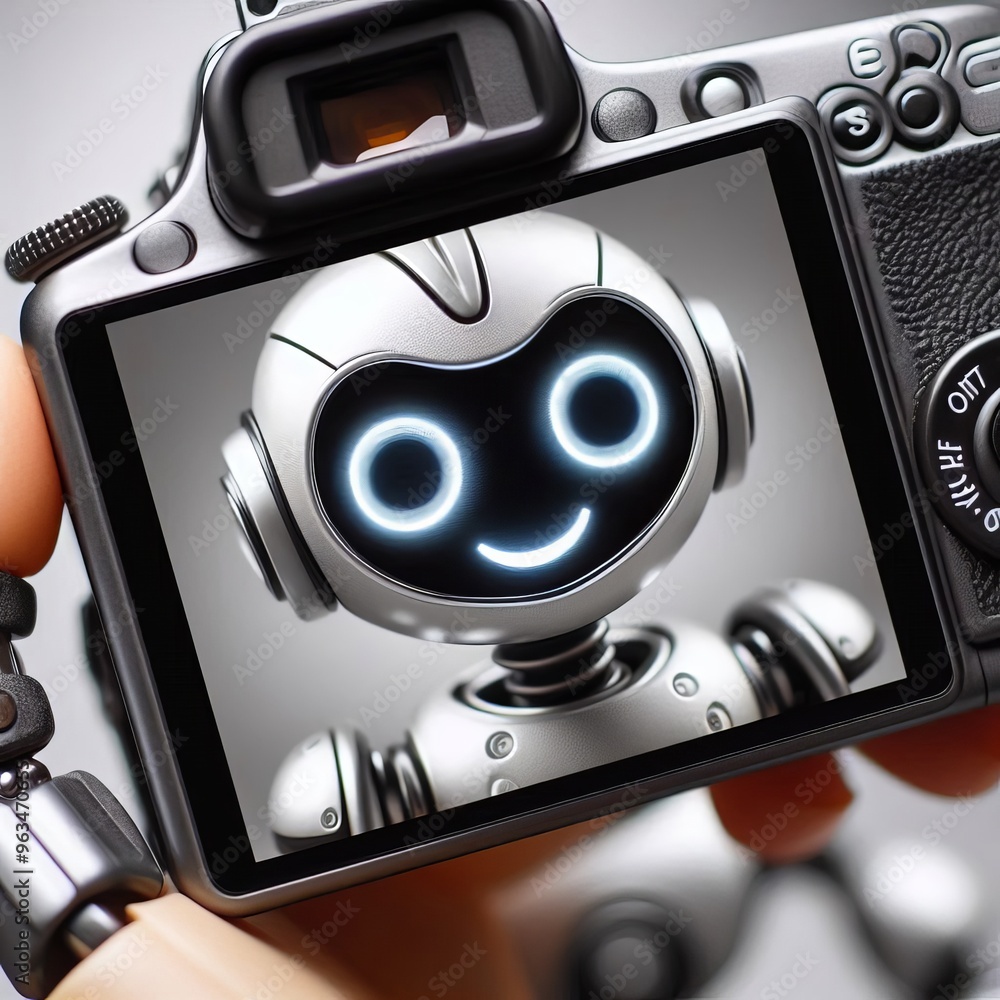 Poster a futuristic robot is captured on the screen of a dslr camera, highlighting the convergence of techn