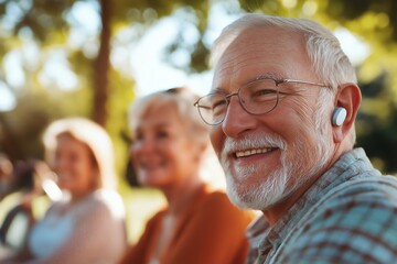 Smiling senior man wearing hearing aid outdoors with friends.
