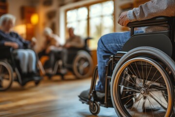 A group of senior citizens in wheelchairs are gathered in a bright and airy room.