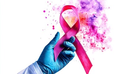 A hand in a blue glove holds a pink ribbon, symbolizing awareness and support for breast cancer awareness.