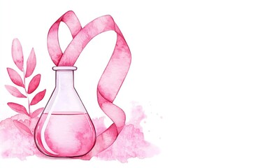 A delicate pink laboratory flask surrounded by soft watercolor ribbons and leaves, perfect for scientific or artistic themes.