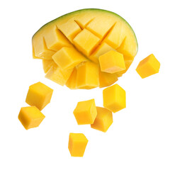 Sweet fresh mango cut in cubes flying on white background