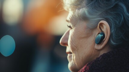 A senior woman wearing hearing aid, in an urban setting.