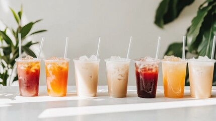 Fototapeta premium Wide shot of a table with multiple glasses of iced milk tea, each with ice cubes and a straw, set against a simple white background for a clean and inviting presentation
