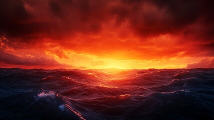 Fototapeta premium A captivating sunset over a choppy sea, with fiery orange and red clouds dominating the sky. The scene evokes feelings of power, drama, and the beauty of nature's raw energy.