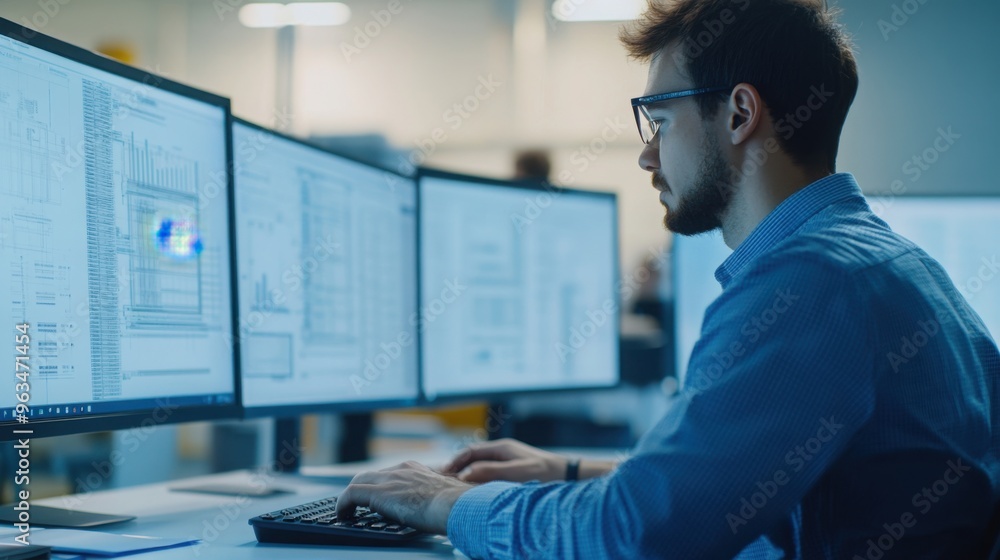 Poster engineer analyzing cad model for performance optimization, modern workspace, 3d illustration