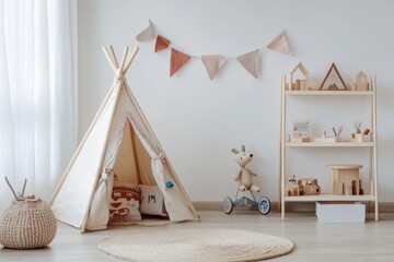A charming and inviting child's room featuring a white teepee tent, wooden shelves with toys, and a plush deer toy. It evokes a sense of playfulness, creativity, and comfort, ideal for imaginative pla