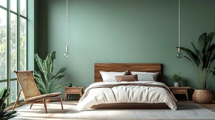 Bed room interior ,mid-century modern style A stylish and cozy relaxing room under the roof ,soft green wall ,3d render.generative ai
