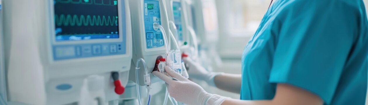 Healthcare professional adjusting kidney dialysis machine settings, [chronic kidney disease], [dialysis equipment adjustment]