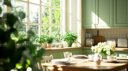 A charming French country kitchen bathed in warm sunlight, featuring a window overlooking lush greenery, a rustic wooden table set for a meal, green cabinets, and fresh flowers adding a touch of natur