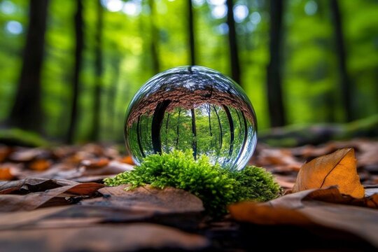 Glass sphere, lying on the forest floor, gathering moss and leaves as it slowly becomes one with nature