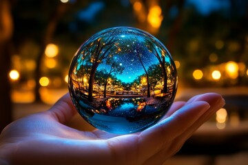 Fototapeta premium Glass sphere, reflecting the stars above like a tiny universe in the palm of your hand, infinite and beautiful