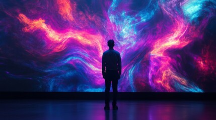 A viewer admires a colorful, swirling light display that captivates the senses, filling the space with dynamic patterns and vibrant hues during an evening event