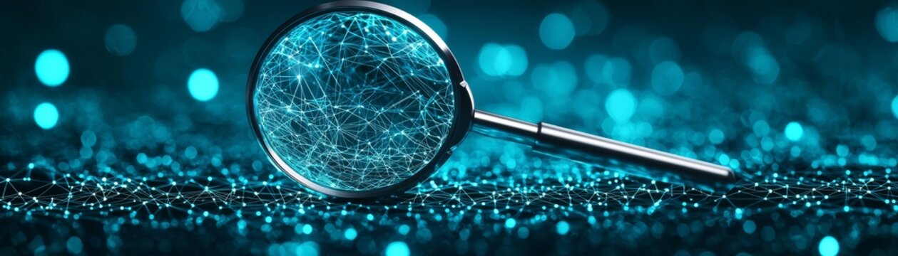 Unveiling Digital Nodes: 3D Magnifying Glass Revealing Hidden Network, Search Engine Concept with Copy Space