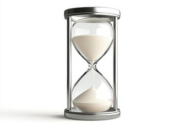 A classic hourglass with silver accents stands isolated against a pristine white background. The sand flows gently, symbolizing the passage of time, ephemerality, and the fleeting nature of moments. I