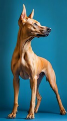 A Tan Dog Standing Against a Teal Background