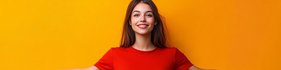 Fototapeta premium Photo of an optimistic brunette holding like empty space wearing a red shirt isolated on an orange background. 