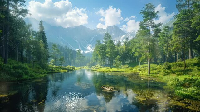 Animation Serene mountain and lake view under blue sky generated with ai	