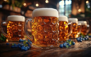 A festive arrangement of traditional Oktoberfest beer mugs on a table with vibrant decor celebrating the autumn season and German tradition