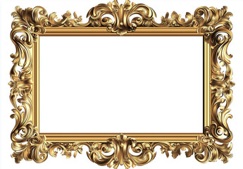Ornate gold frame with baroque details, white background with copy space
