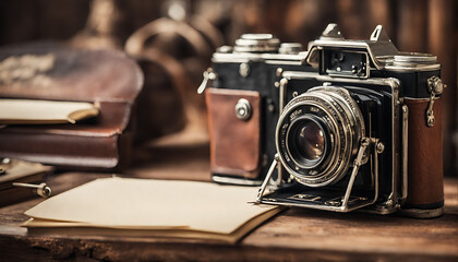 Whispers of Old Journeys: A Weathered Camera Rests on a Timeworn Table Under Soft Light