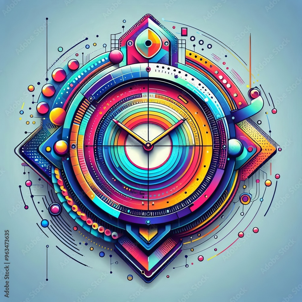 Poster A striking abstract clock with a dynamic array of colors and shapes, representing a futuristic design. The intricate circular patterns convey movement and time, making it suitable for tech-related or