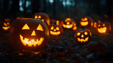 Fototapeta premium A carved Jack-o'-lantern glows brightly on fallen autumn leaves, creating a spooky Halloween atmosphere.